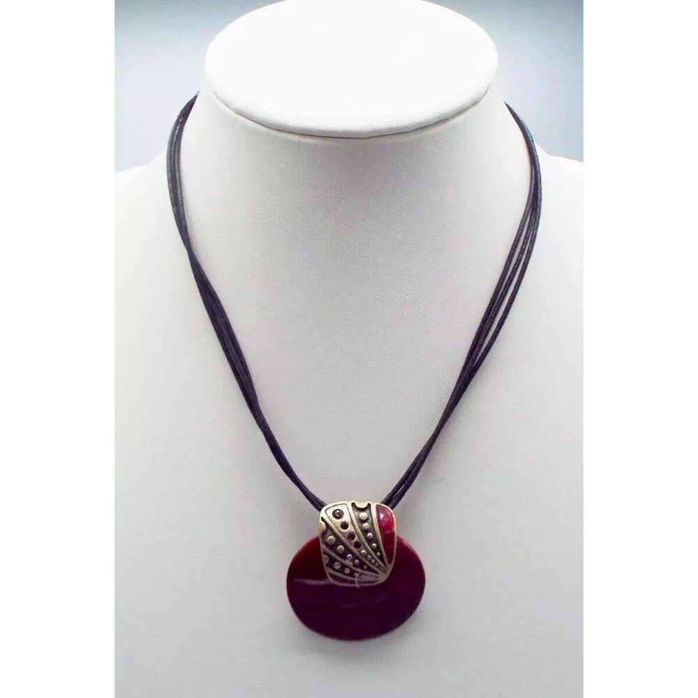 Chico's Burgundy Disc Amulet Metal Accent Triple Leather Strand 21" Necklace